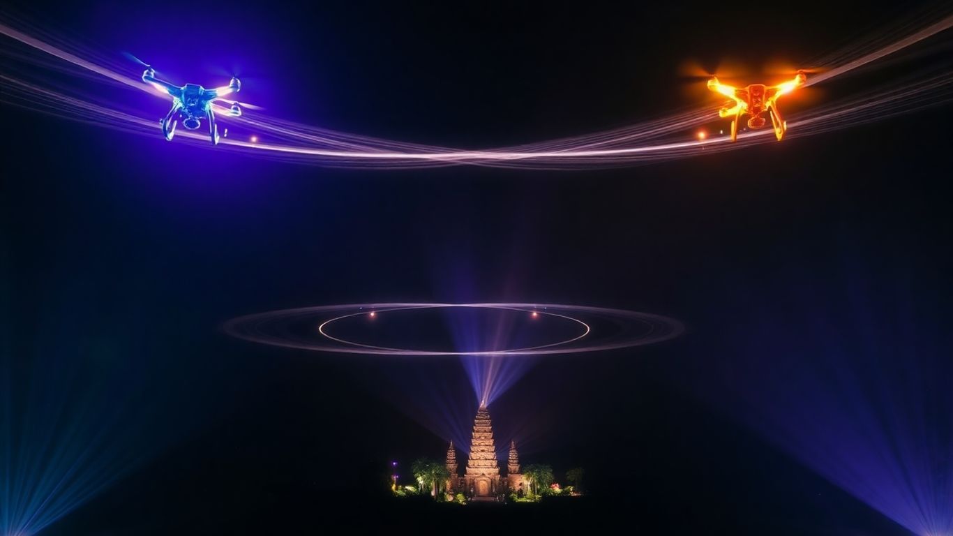 Dazzling drone light show patterns illuminate the Bali night sky.