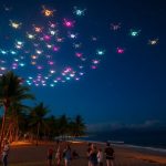 Colorful drone show lights over a Bali beach