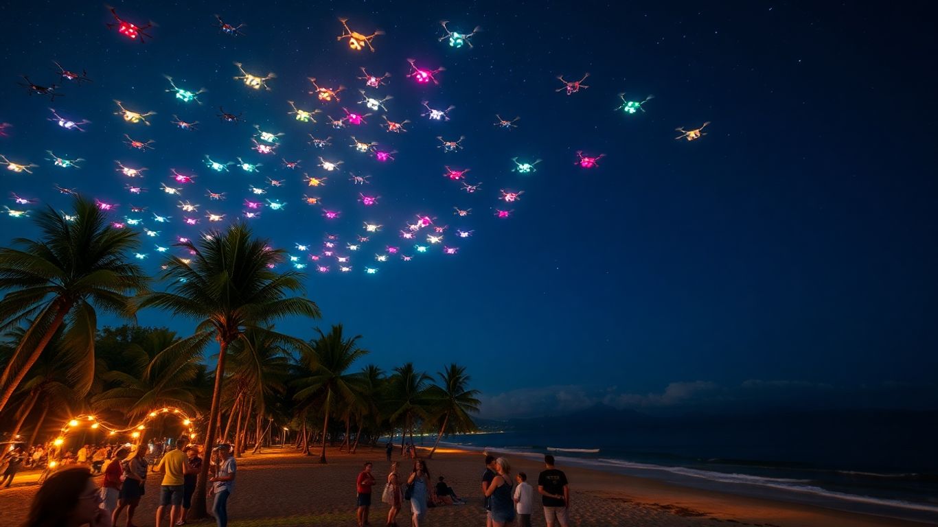 Colorful drone show lights over a Bali beach