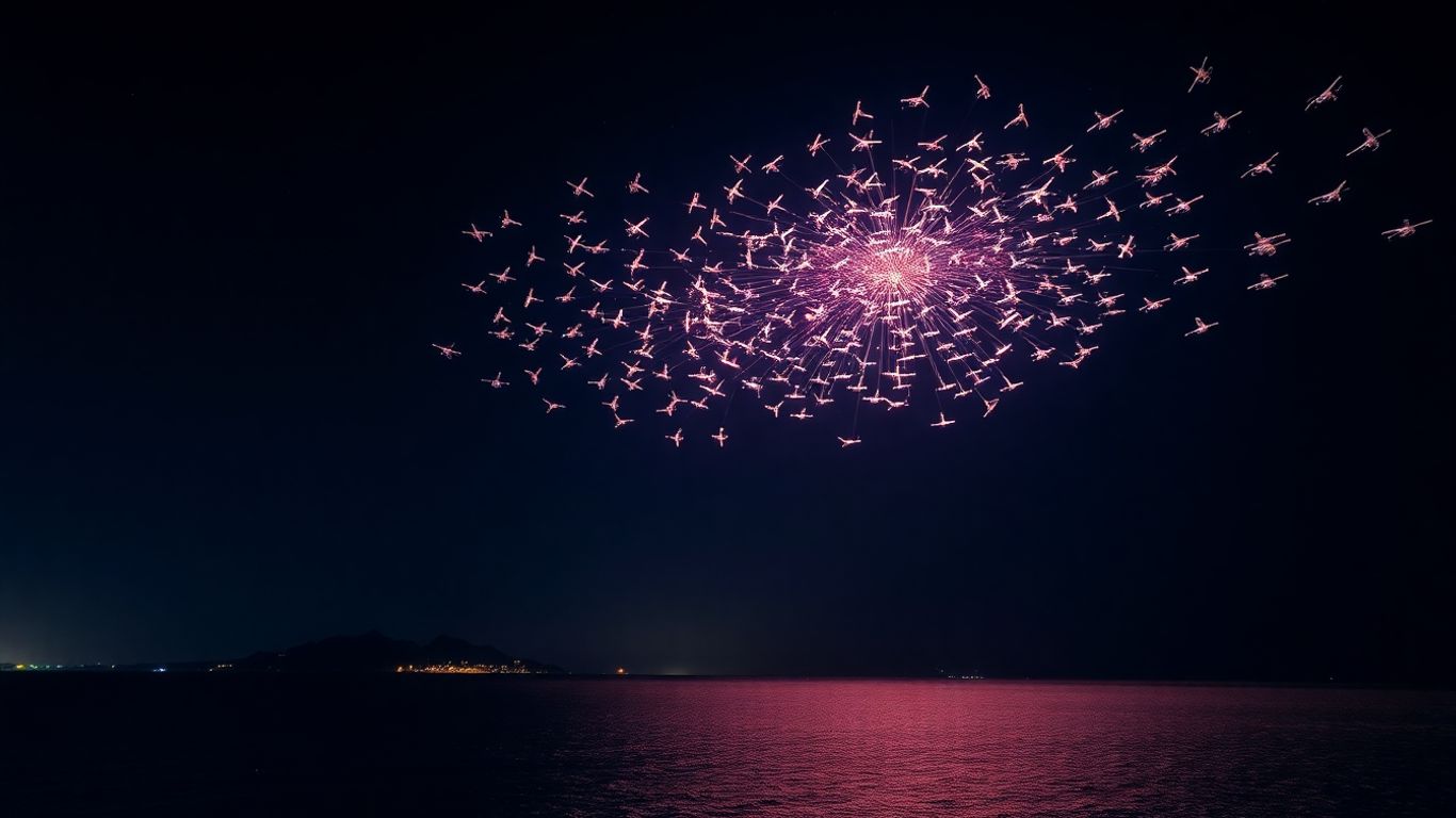 Drone show over Bali beach at night