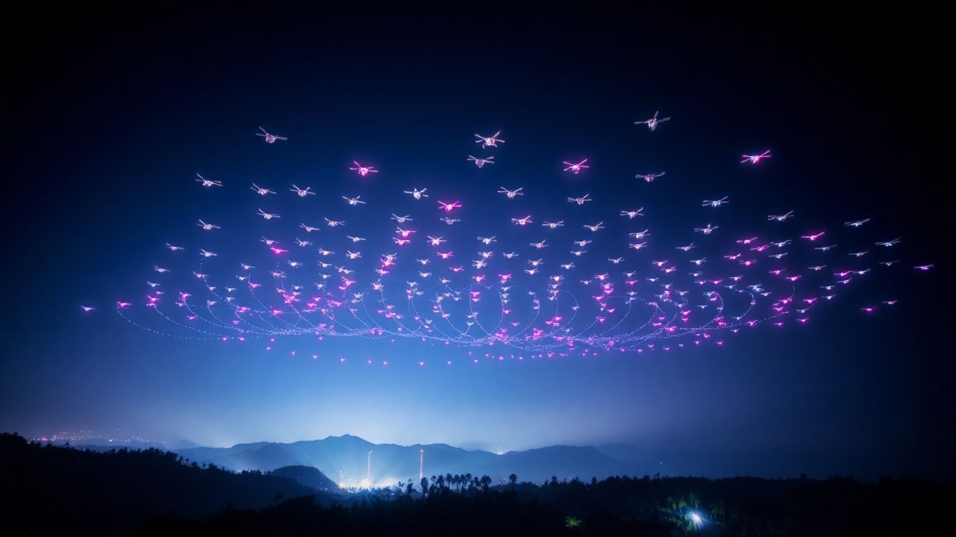 Corporate drone show over Bali at night.
