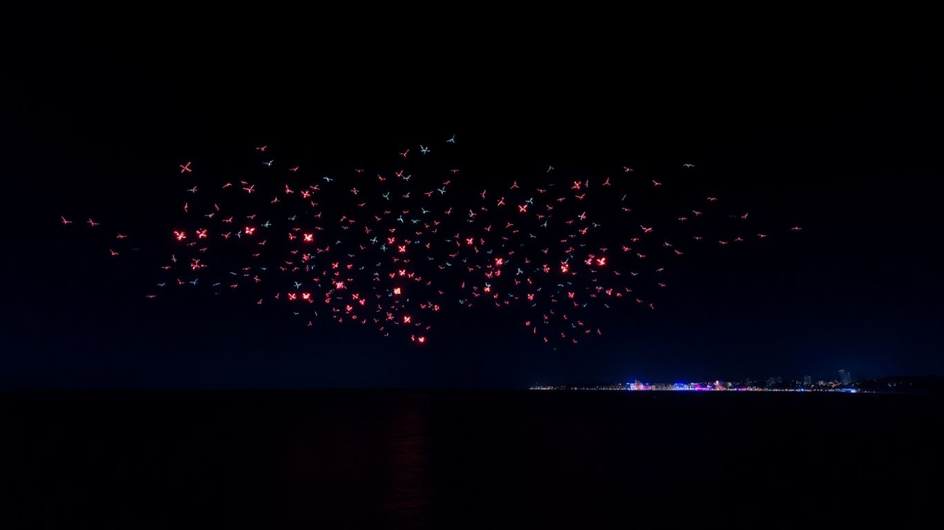 Bali drone light show over the ocean at night.