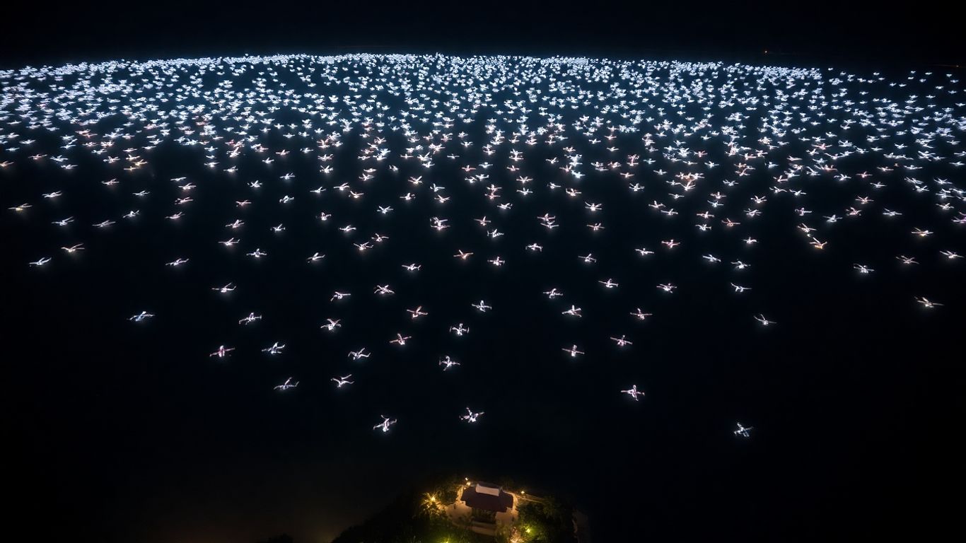 Wedding drone show in Bali at night.