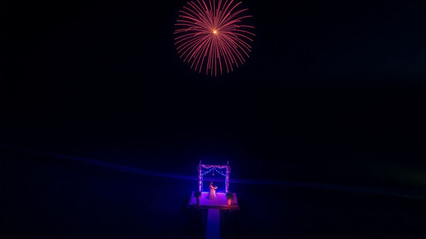 Bali wedding drone show over beach at night