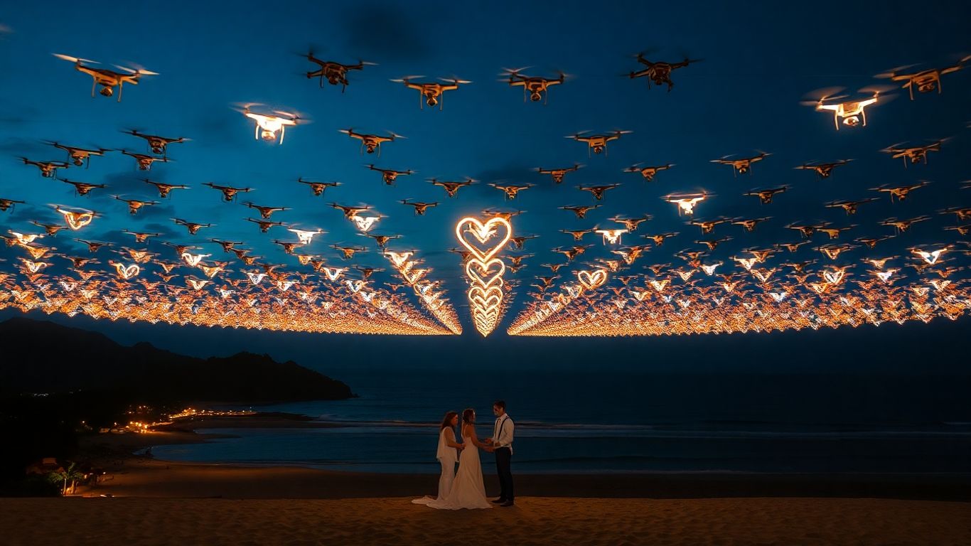 Bali wedding with drone light show over ocean