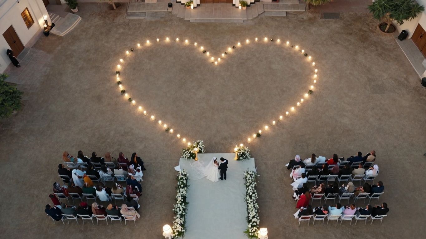 Aerial wedding ceremony with drone heart formation.