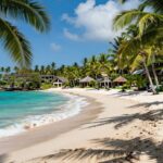 Bali beach with palm trees and resort.
