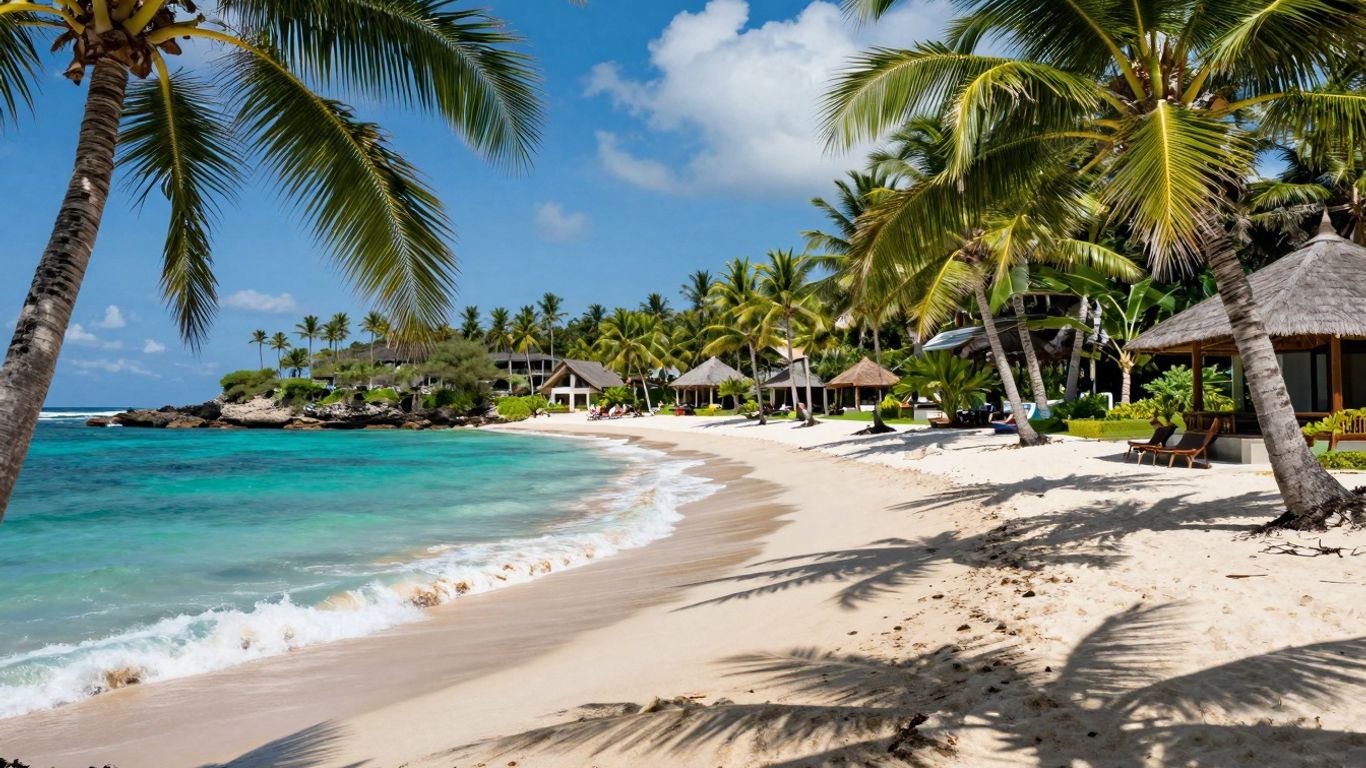 Bali beach with palm trees and resort.