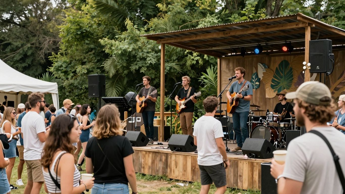 Sustainable event entertainment with live music and happy attendees.