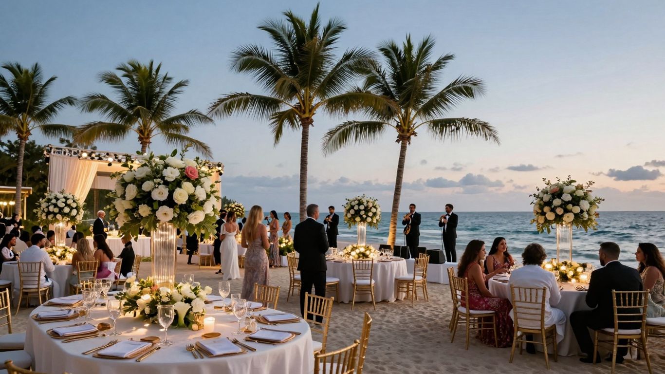Luxury Bali wedding reception on a beach at sunset.
