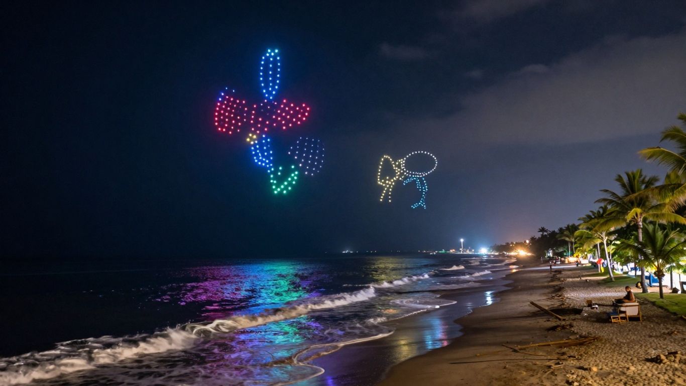Drone show over Bali beach at night.