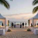 Elegant corporate event on a Bali beach at sunset.