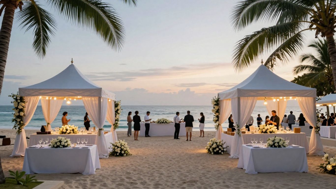 Elegant corporate event on a Bali beach at sunset.