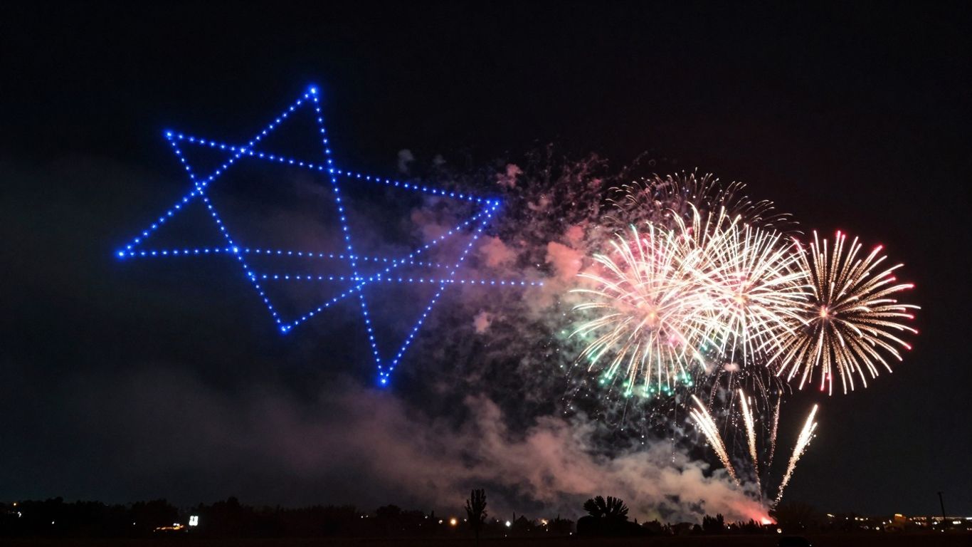 Drone show lights and fireworks in night sky.